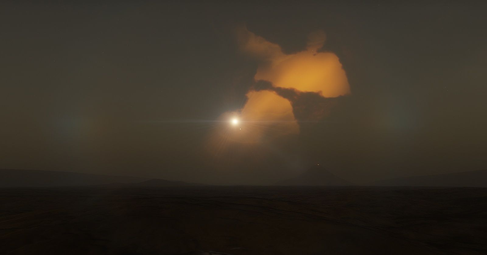 Kung Fu Monk nebula viewed from surface of volcanic planet