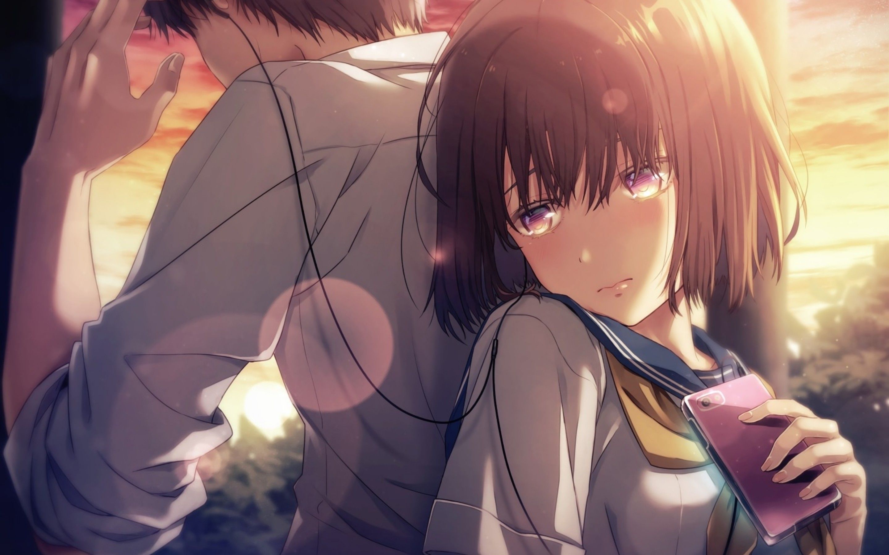 Download 2880x1800 Anime Couple, Cute, School Uniform, Music