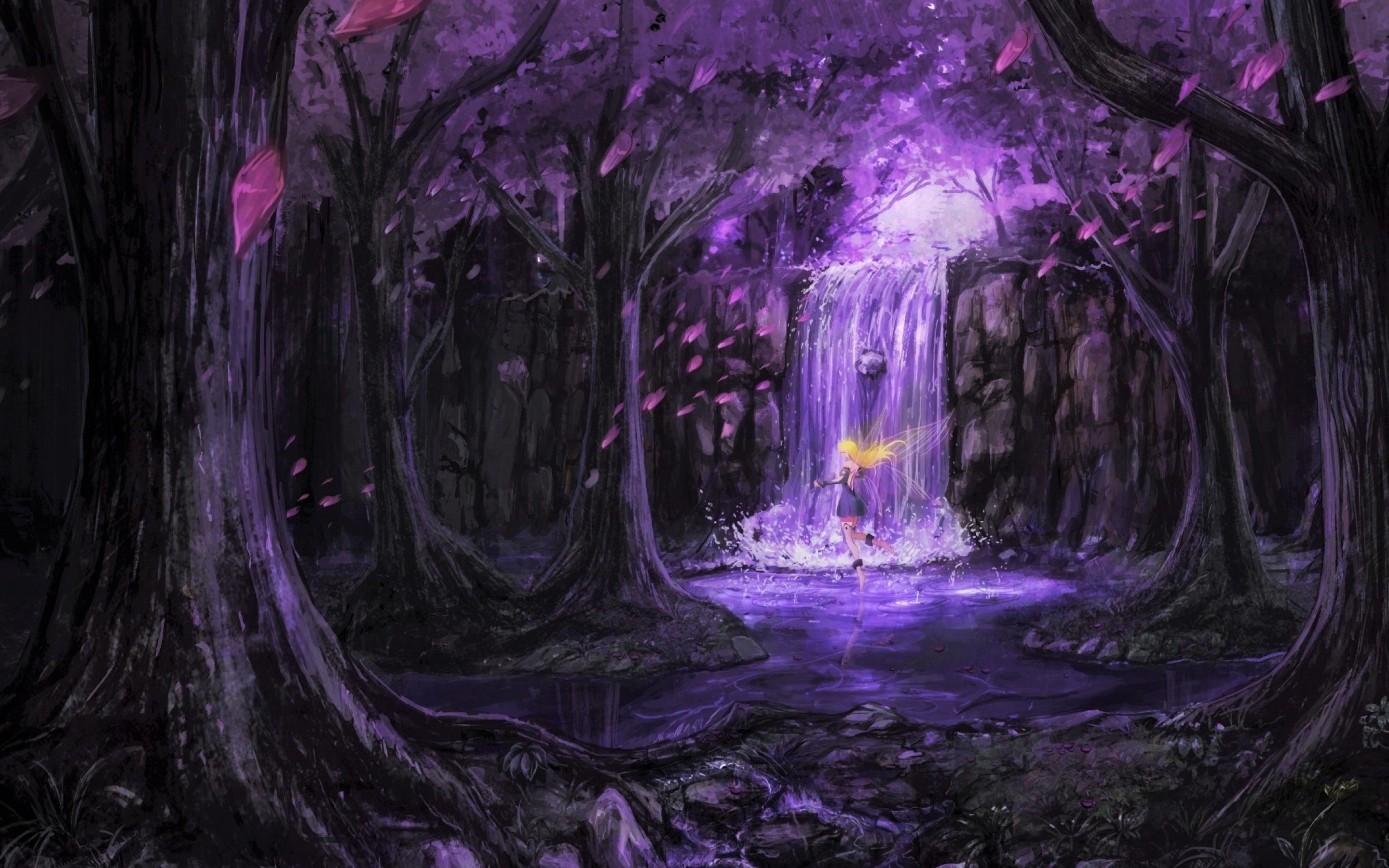 Download 2880x1800 Purple Forest, Scenic, Fairy, Anime Girl