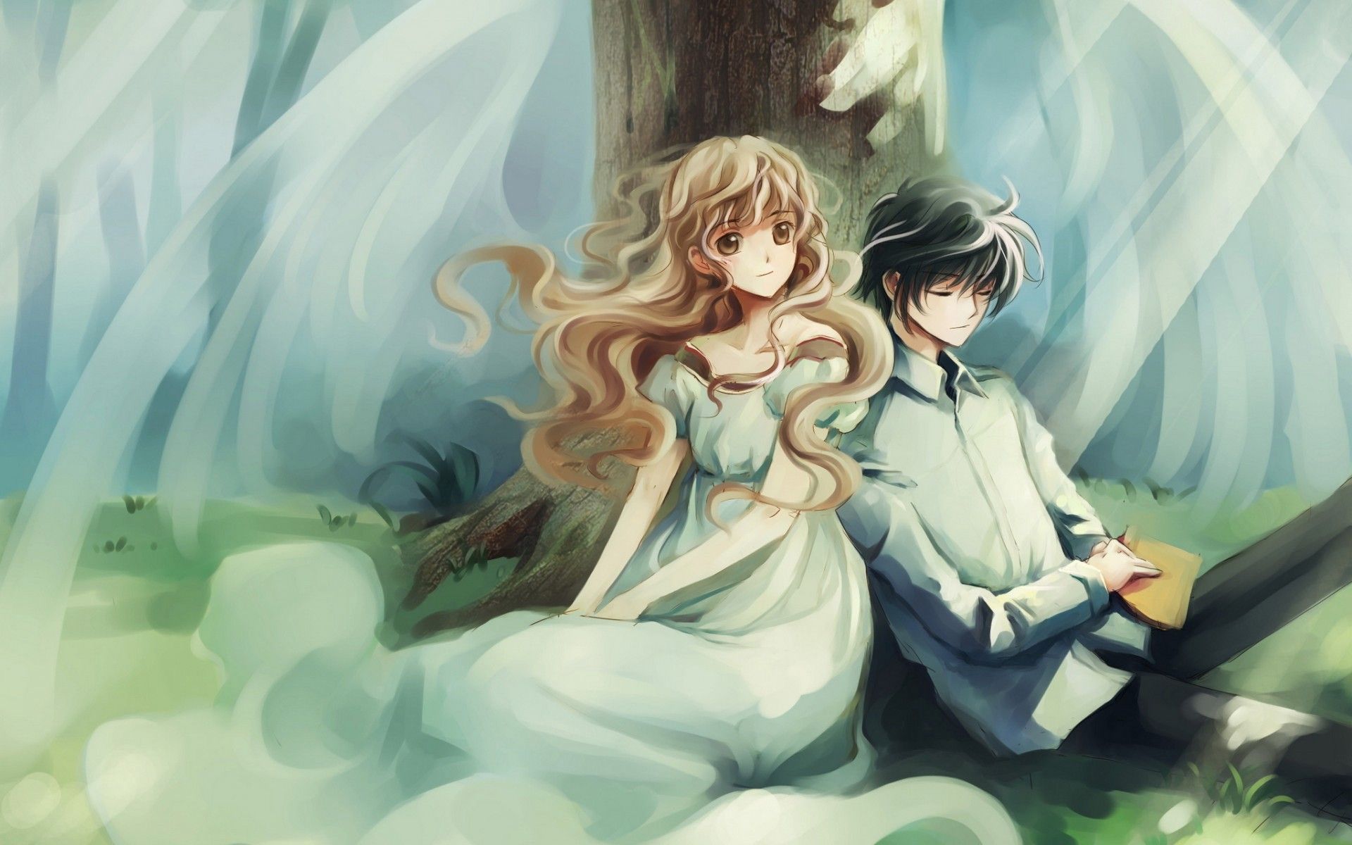 Couple under the big tree anime desktop wallpaper