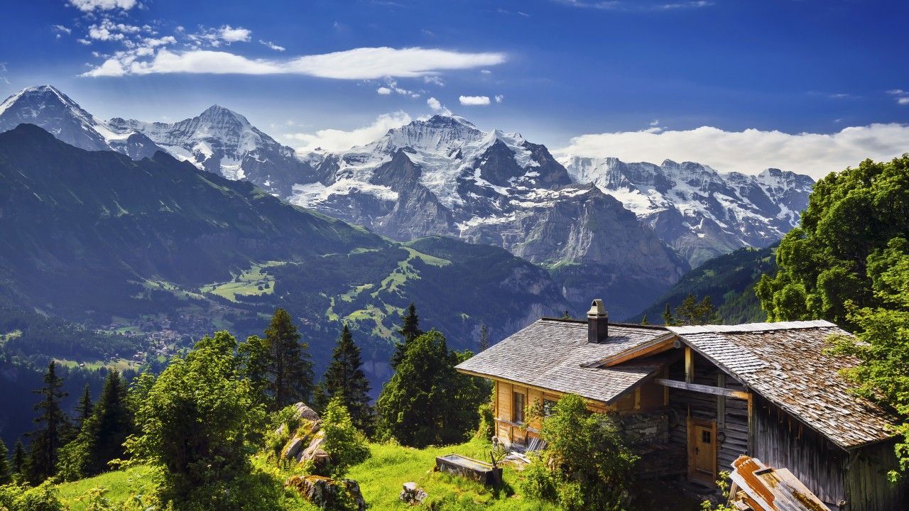 Switzerland, 5k, 4k wallpaper, 8k, mountains, sky, house (horizontal). Beautiful places, European destination, Scenery