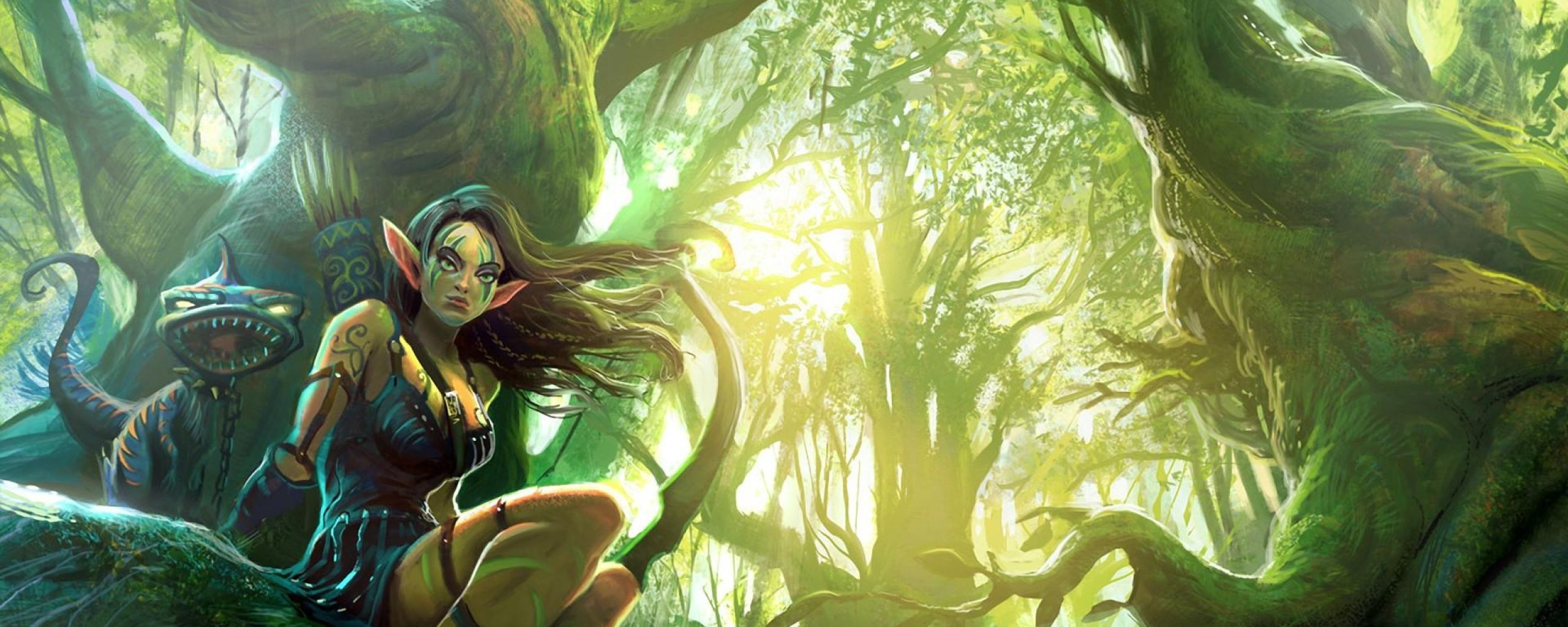 Wallpaper girl, elf, arrows, trees, forest. Fantasy