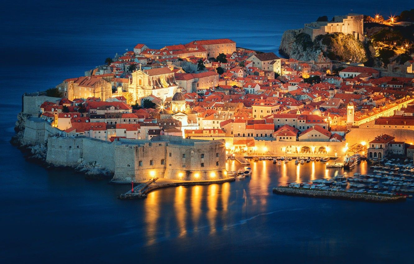 Wallpaper sea, building, home, fortress, night city, Croatia