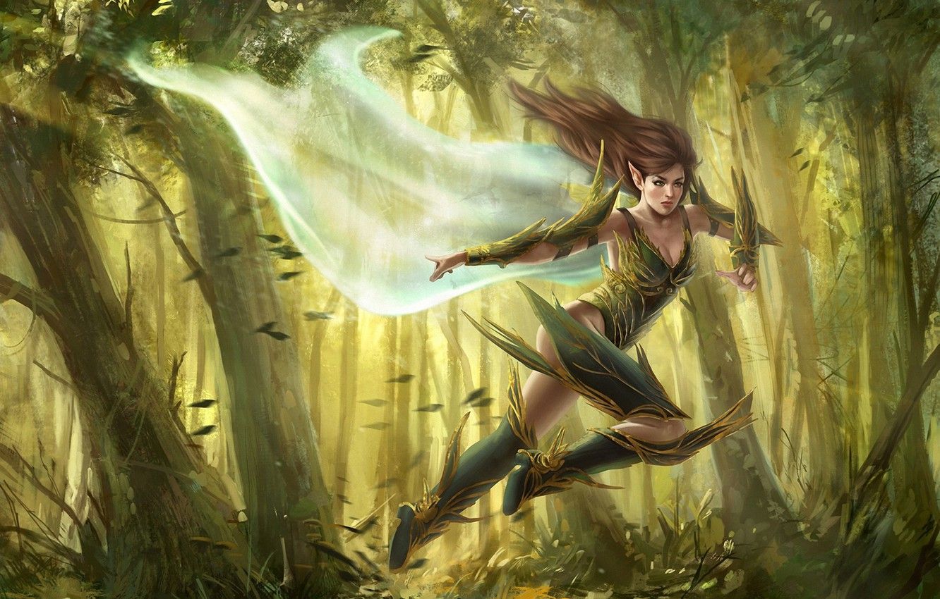 Wallpaper forest, girl, the wind, fantasy, art, running, elf