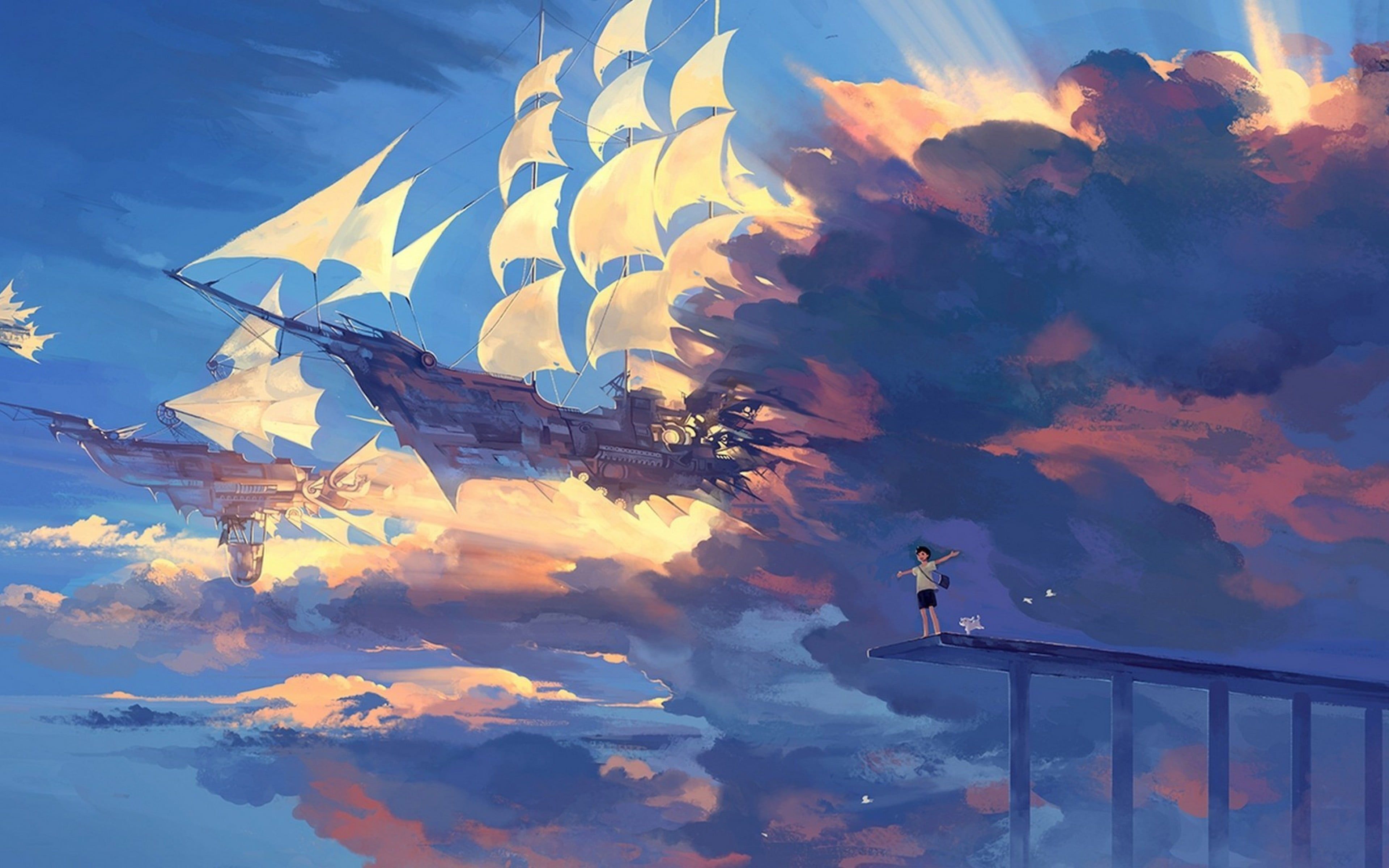 Galleon ship in clouds painting, anime, ship, clouds HD wallpaper