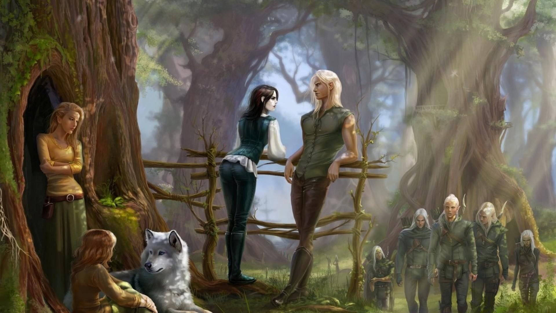 Download Wallpaper 1920x1080 elves, fence, forest, wolf Full HD