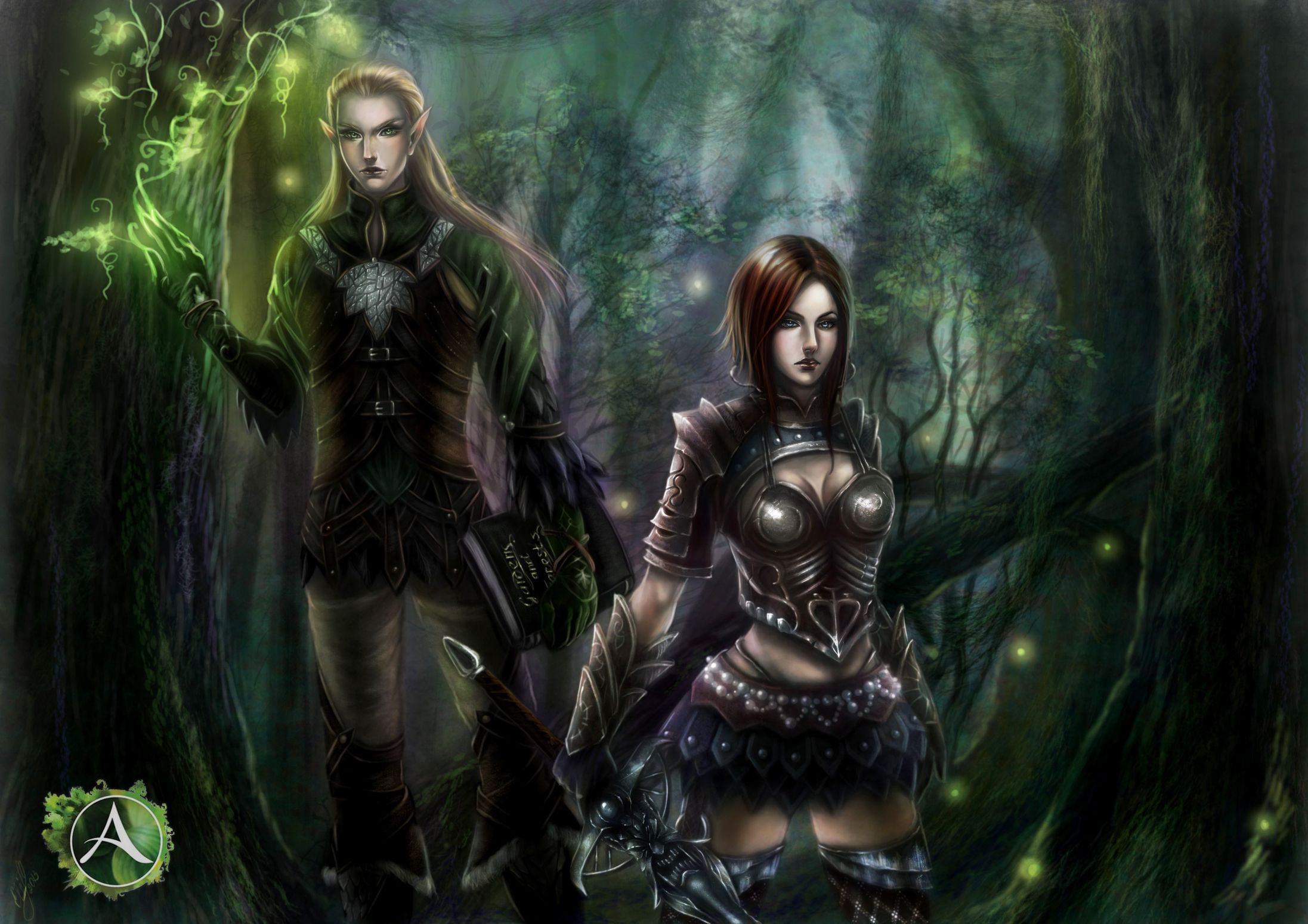 Elves Men Warrior Two Fantasy Girl elf forest magic wallpaper