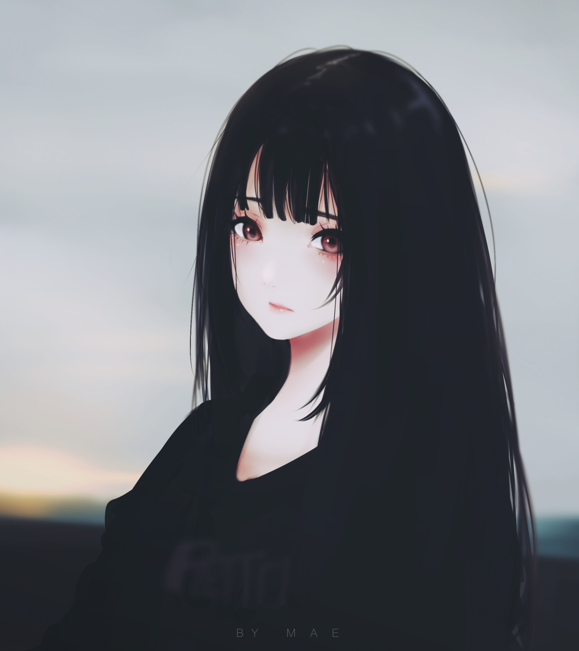 Download 1920x2160 Anime Girl, Black Hair, Sad Expression, Semi