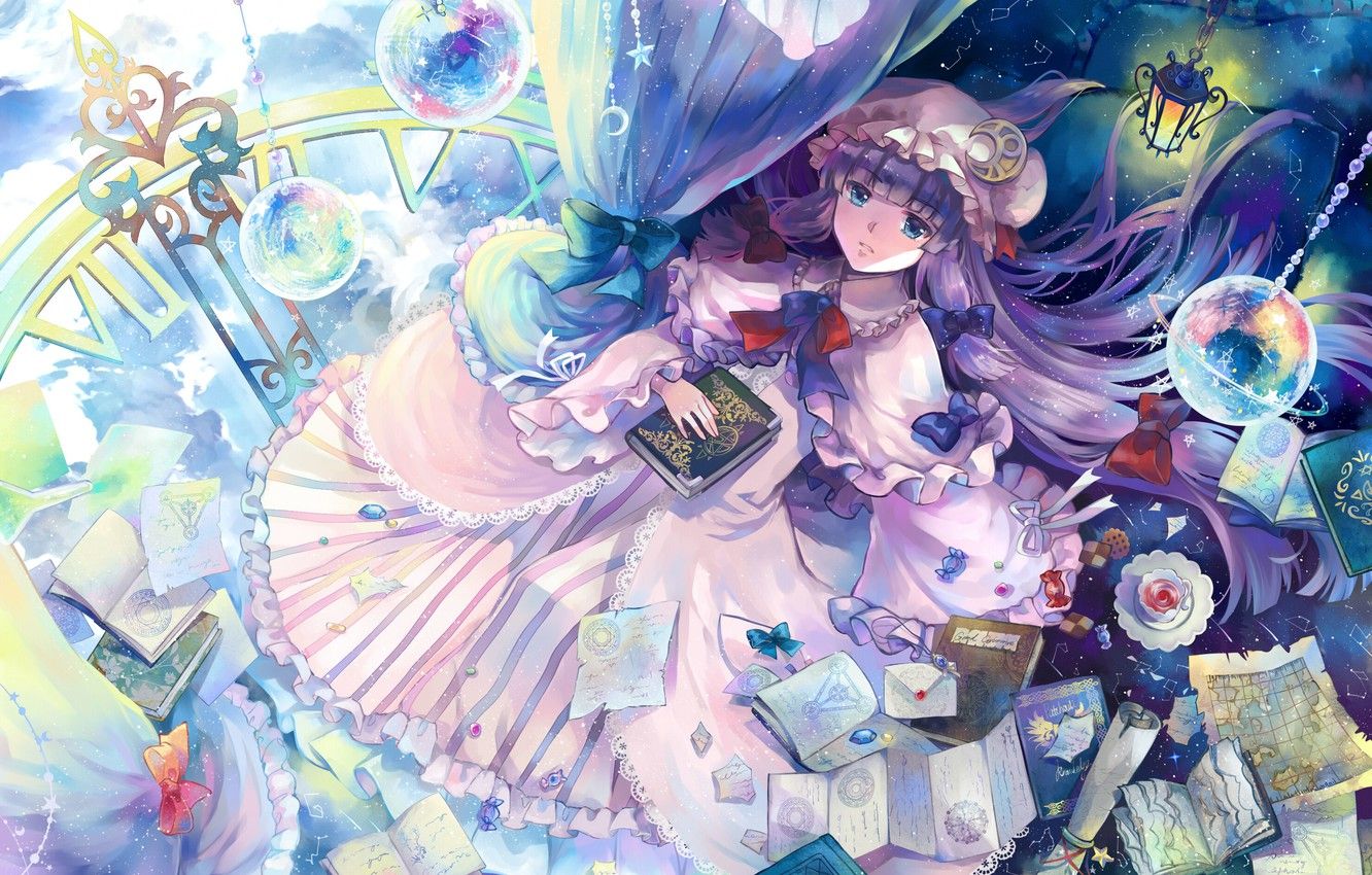 Wallpaper girl, planet, books, anime, art, touhou, patchouli