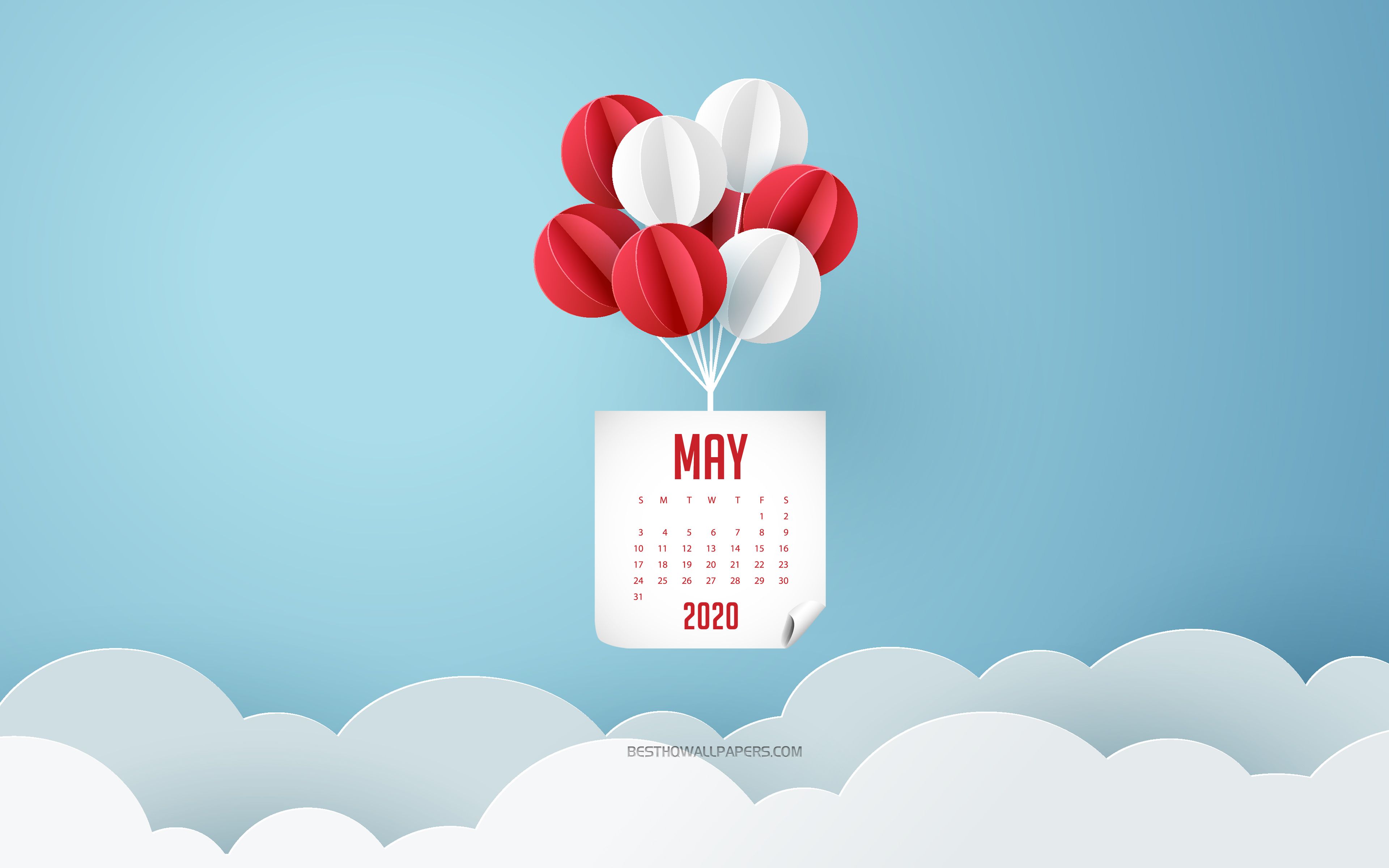 Download wallpaper 2020 May Calendar, blue sky, white and red