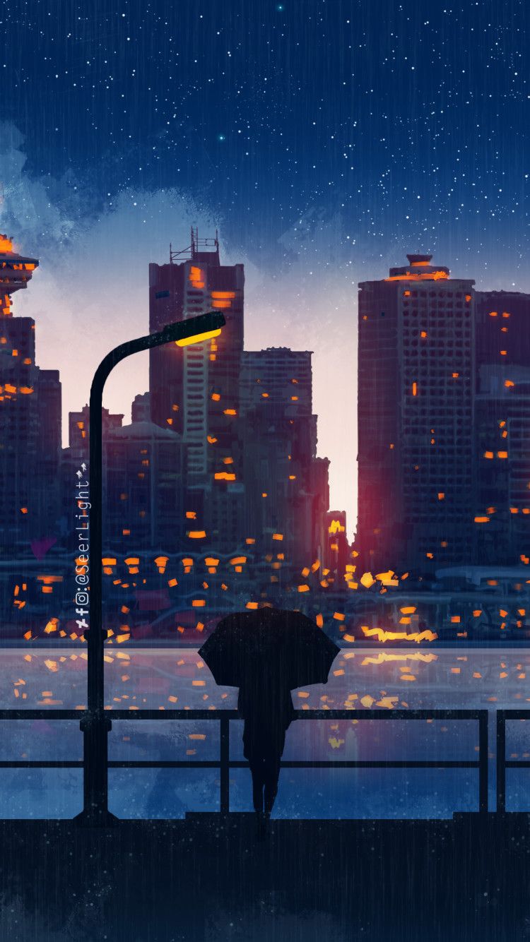 Anime City Lights Night Rain Umbrella Sky 5k iPhone 6