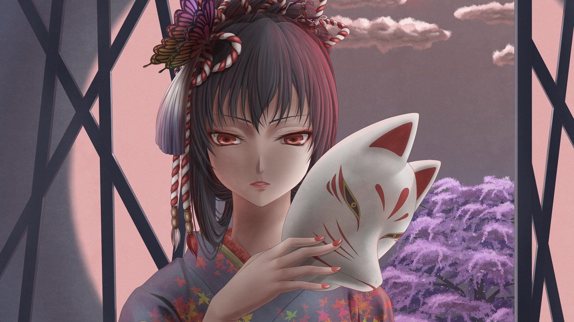 clouds, Cherry, Blossoms, Trees, Kimono, Red, Eyes, Masks