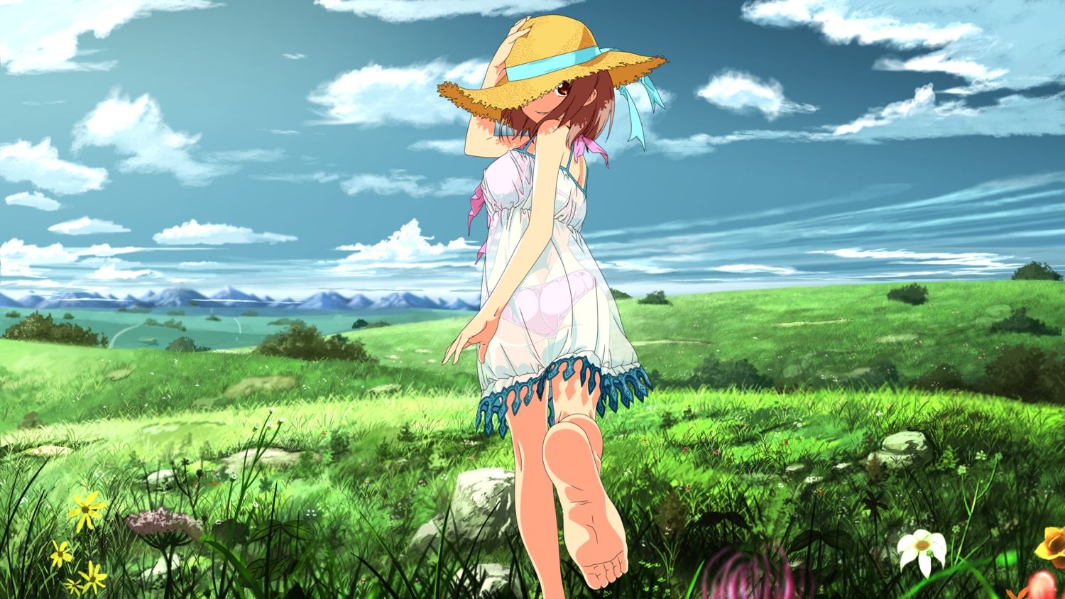 Barefoot Bikini Clouds Dress Flowers Grass Hataraku Maou Sama