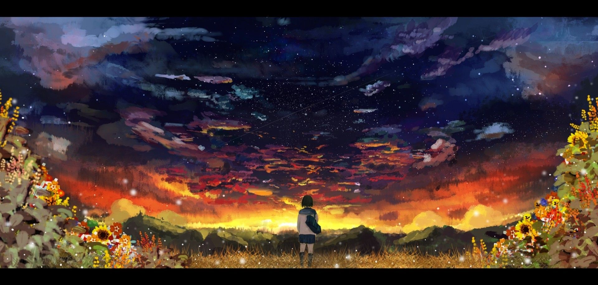 sunset, clouds, flowers, stars, grass, scenic, seifuku, anime