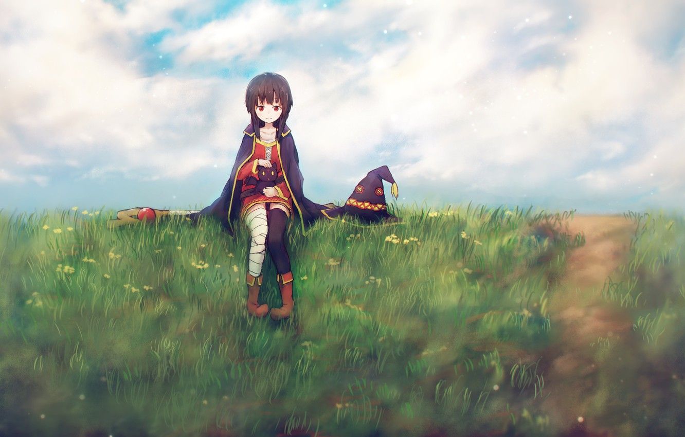 Wallpaper grass, girl, smile, hat, MAG, staff, sitting, anime, art