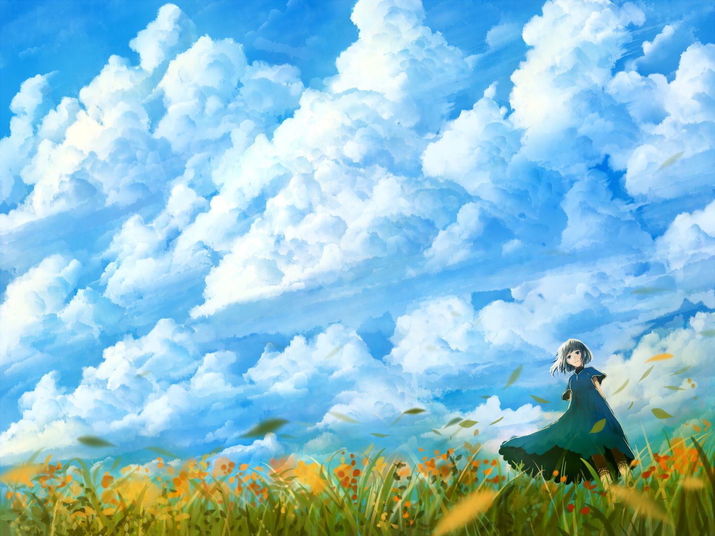 blue eyes blue hair bou nin clouds dress grass original short hair