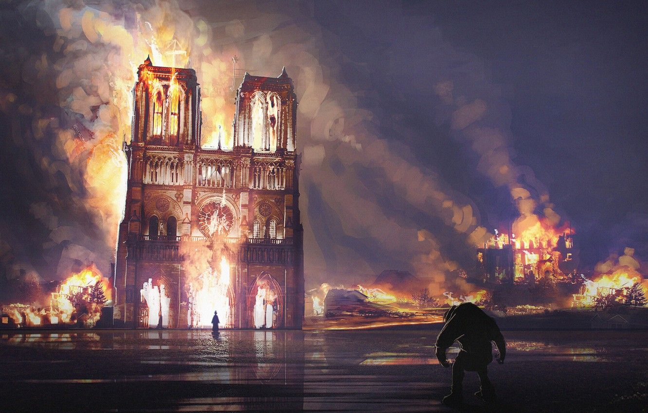 Wallpaper night, fire, France, Paris, Notre Dame Cathedral, Notre