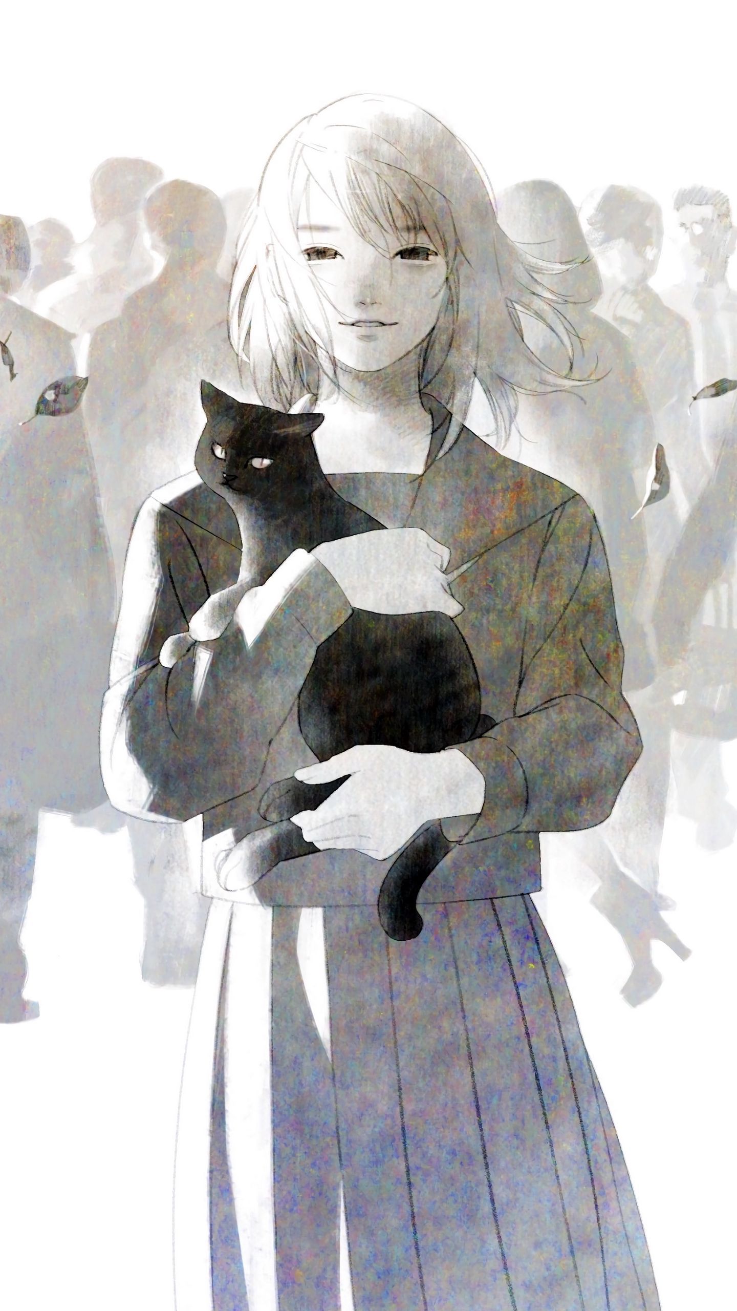 Download wallpaper 1440x2560 anime, cat, girl, crowd, art qhd