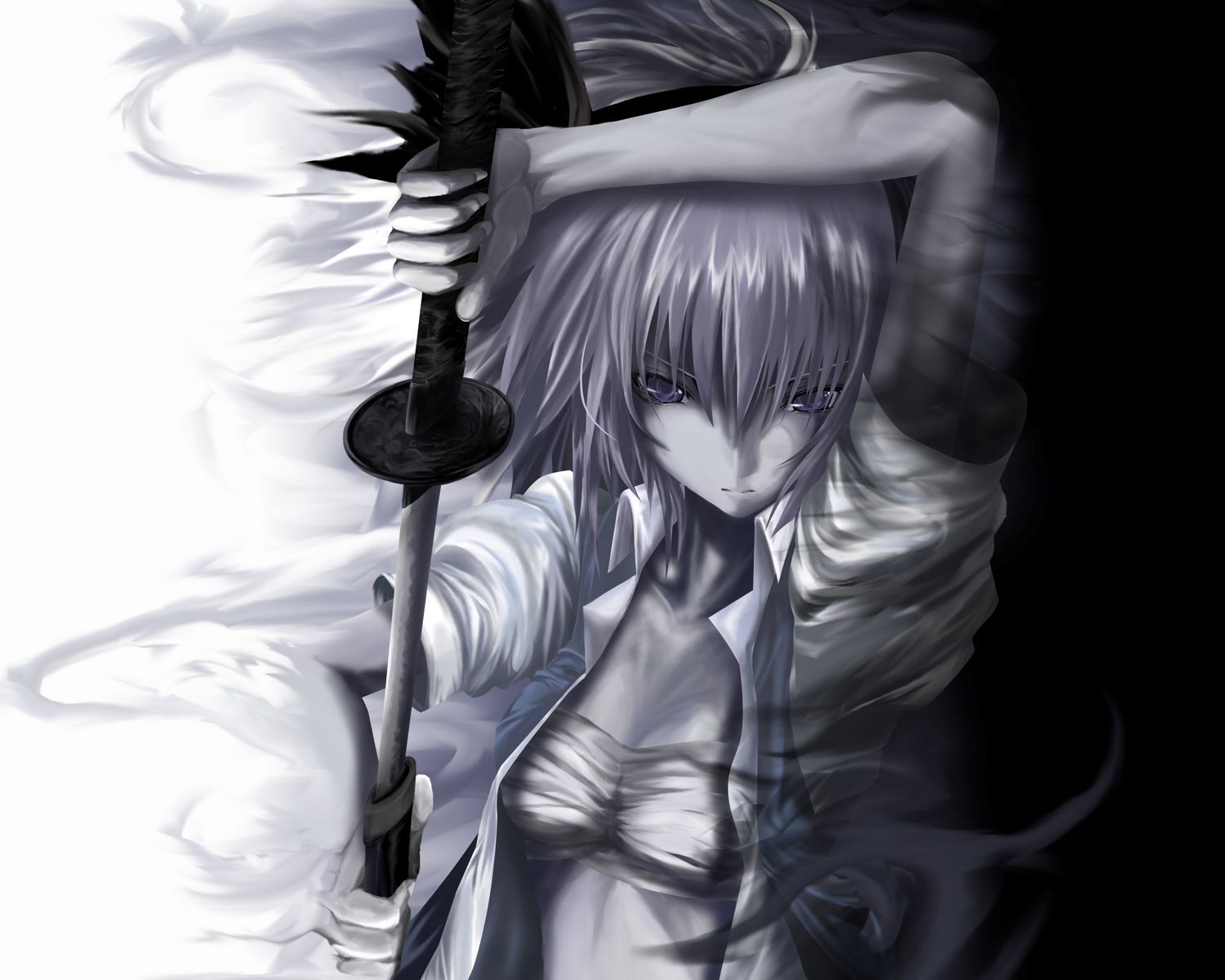 gray hair katana konpaku youmu monochrome sword touhou weapon