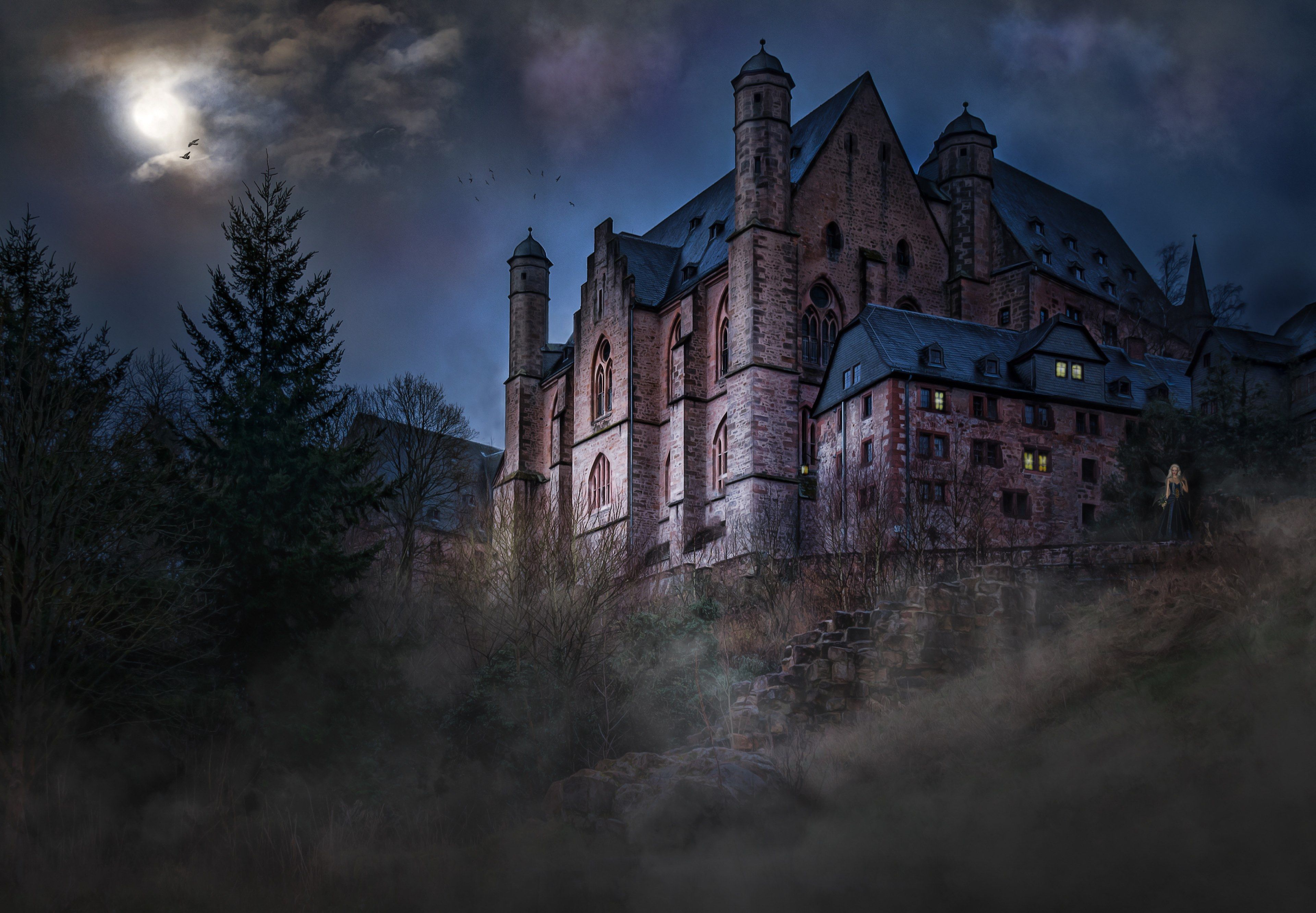 castle #mystical #mood #moonlight #night sky 4k wallpaper