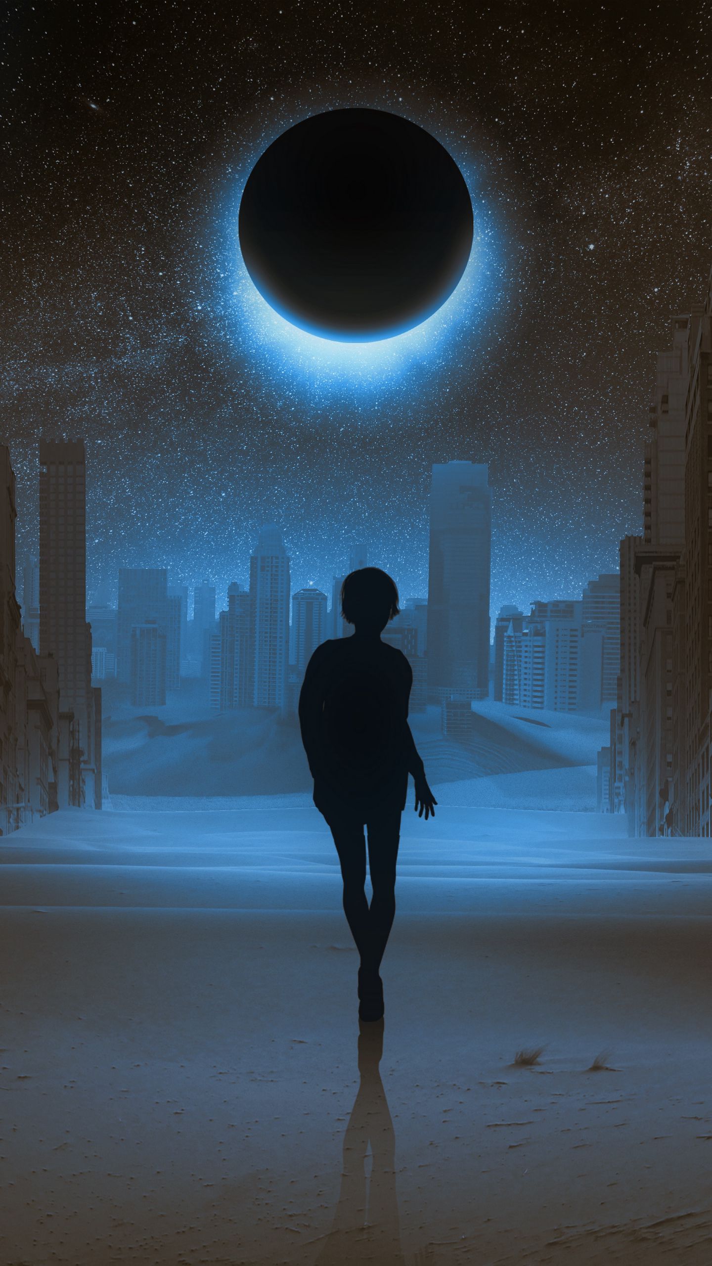 Download wallpaper 1440x2560 silhouette, full moon, mystical, art
