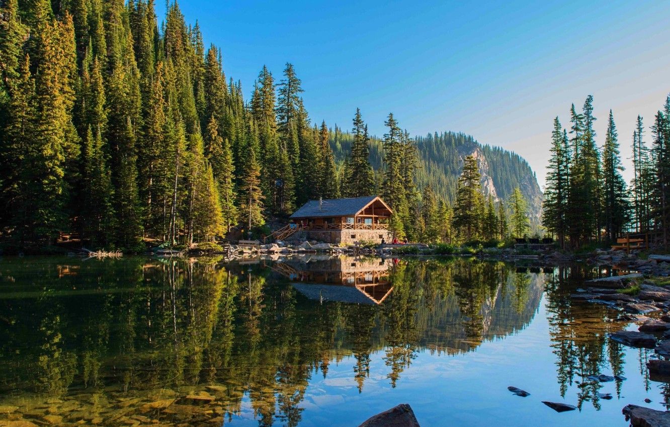 Wallpaper summer, house, forest, river, hills, reflection, cabin