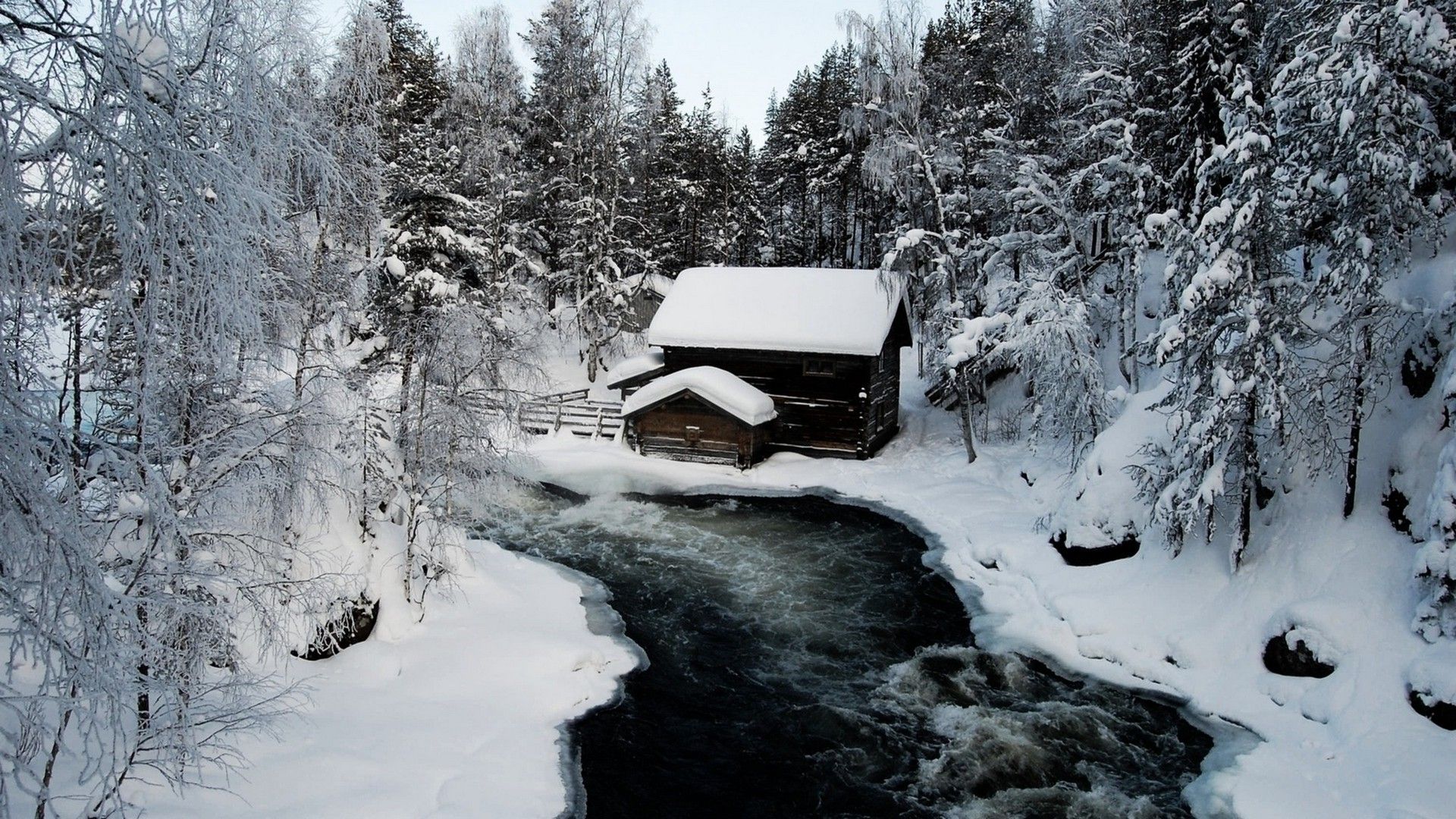 nature, Snow, Ice, River, Cabin, Trees Wallpaper HD / Desktop