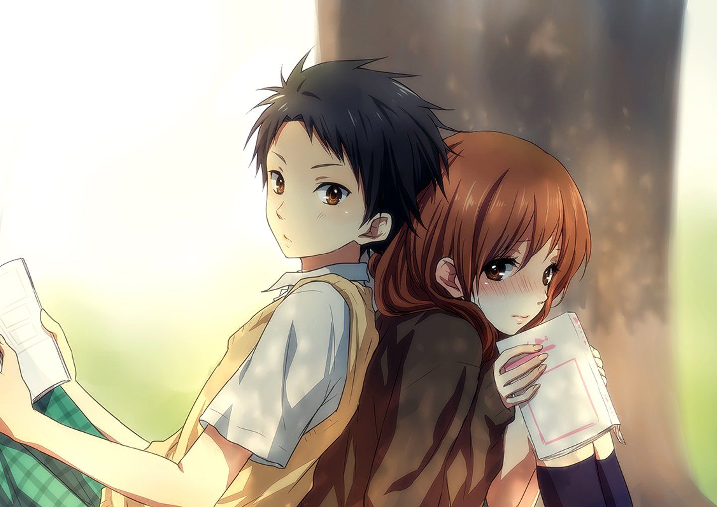 anime, Couple, School, Girl, Guy, Uniform, Tree, Love Wallpaper