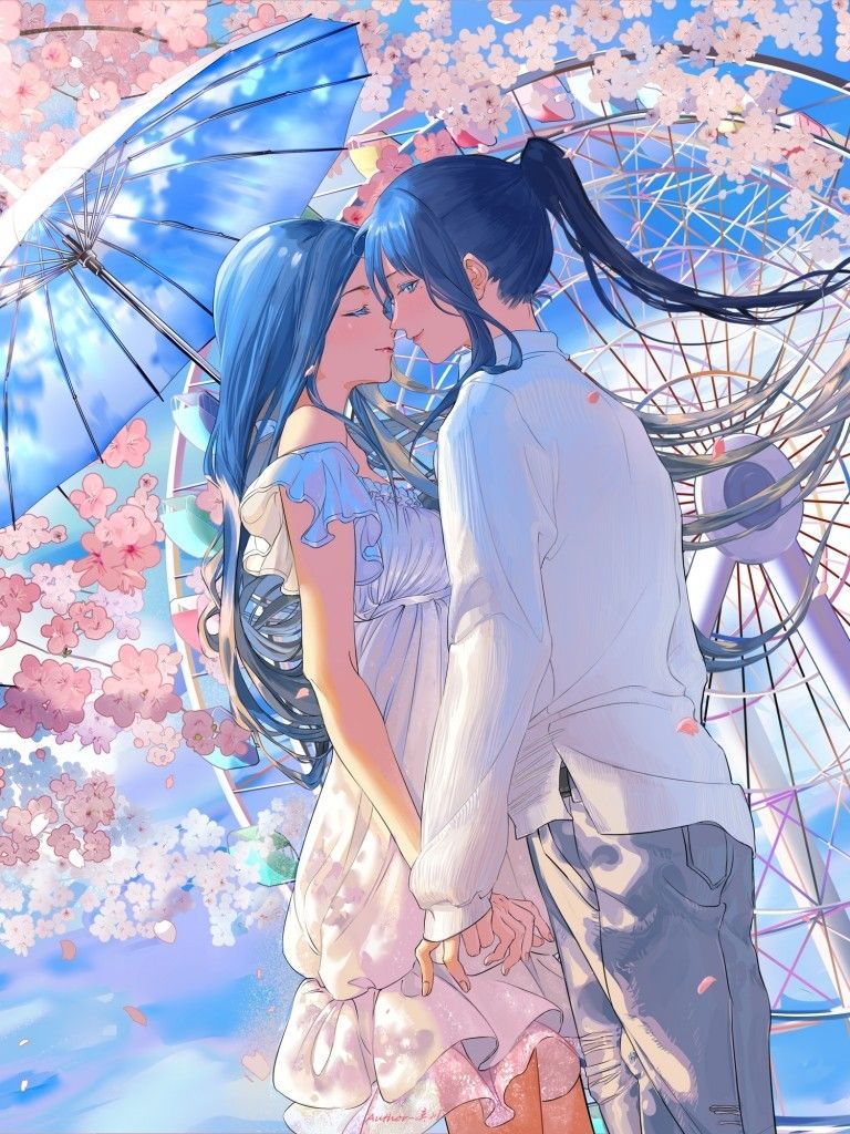 Download 768x1024 Anime Couple, Romance, Cute, Ferris Wheel, Blue