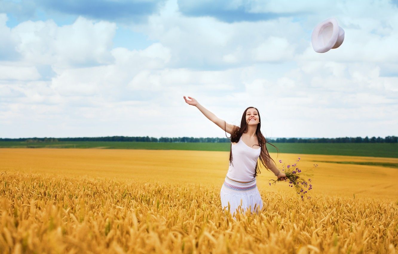 Wallpaper field, girl, trees, joy, happiness, smile, background