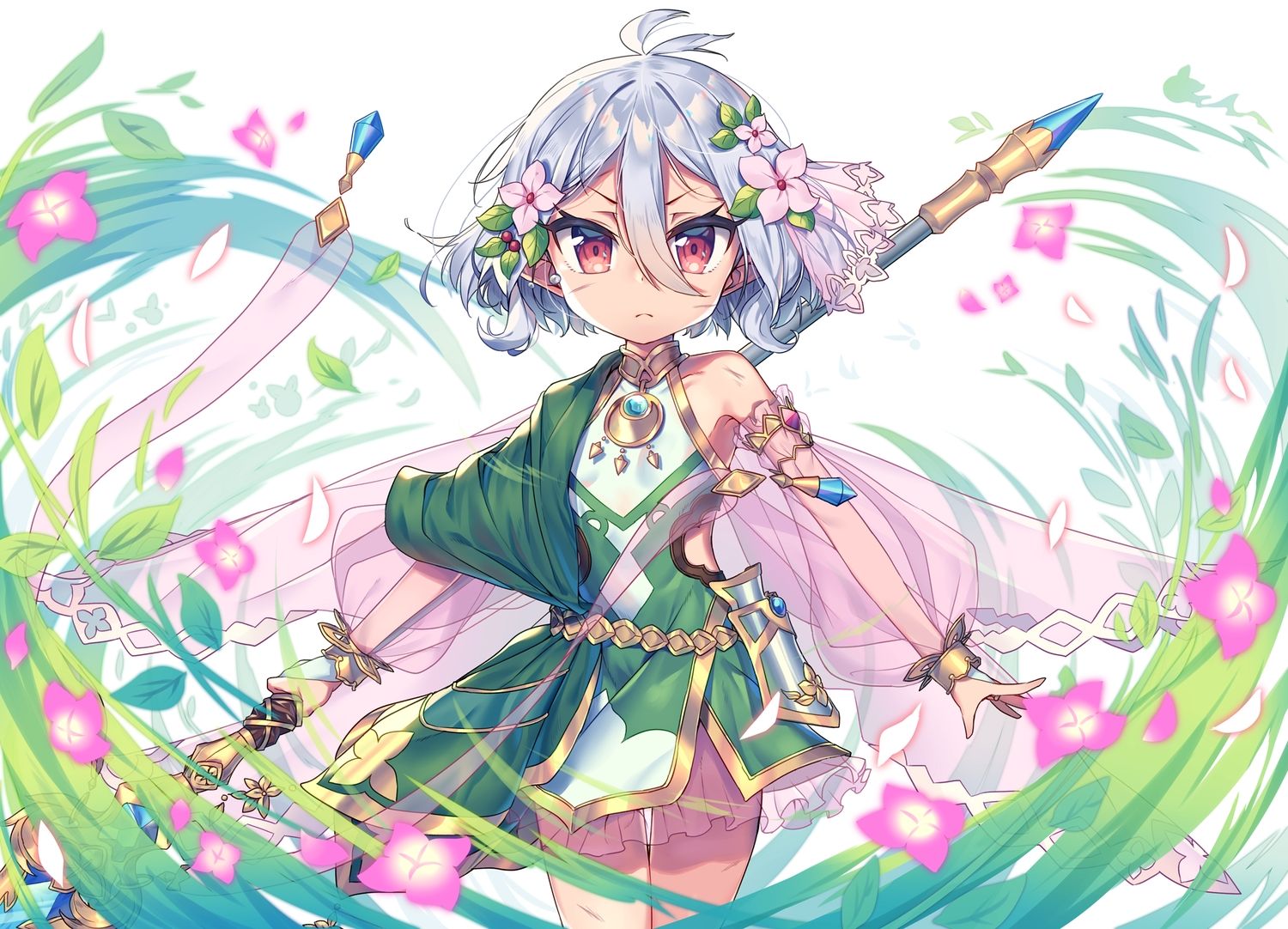 dress flowers gray hair kokkoro loli magic pointed ears princess