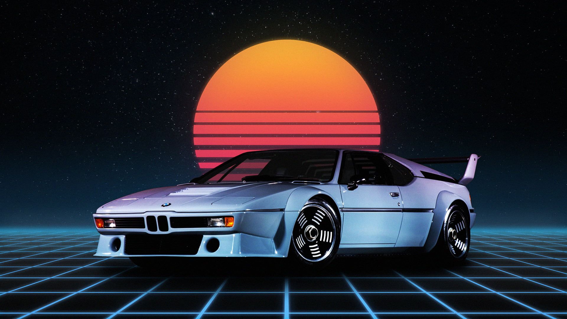 Silver BMW coupe, bmw m Retro style, synthwave, German cars HD