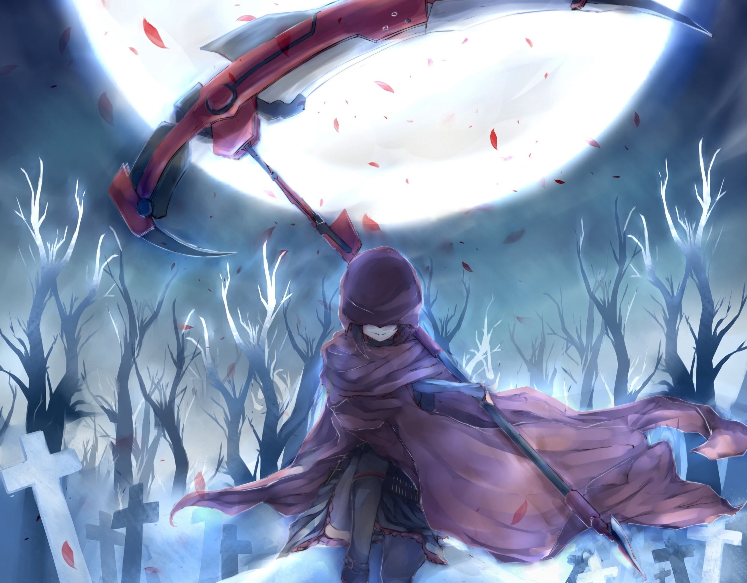 Anime character holding scythe with withered trees background HD