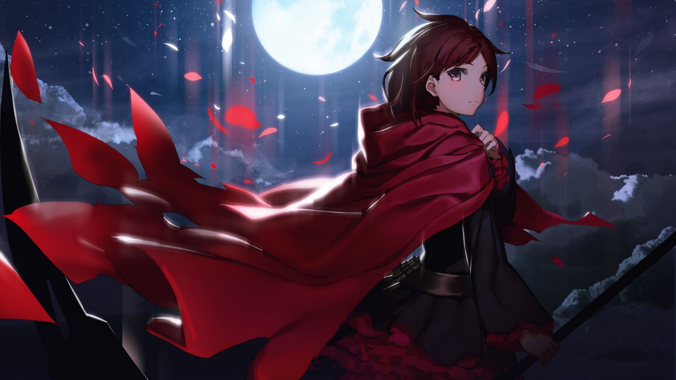 Rwby, Ruby Rose, Cape, Moon, Leaves, Scythe 2017