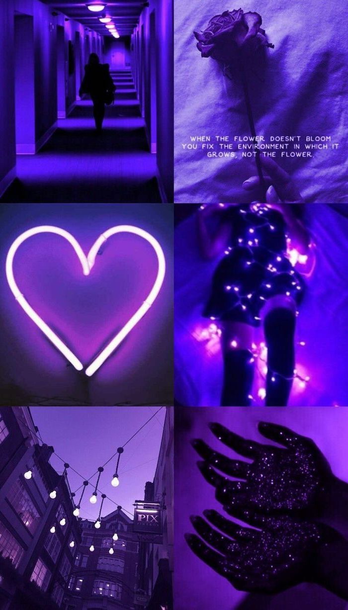 Purple Photo Collage Pink Aesthetic Wallpaper Fairy Lights Heart Shaped Neon Sign. Purple Wallpaper Iphone, Purple Wallpaper, Purple Aesthetic