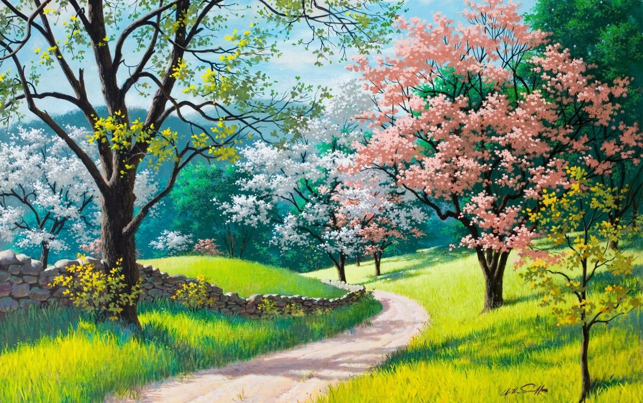 Spring Trees Path Grass Fences wallpaper. Spring Trees Path
