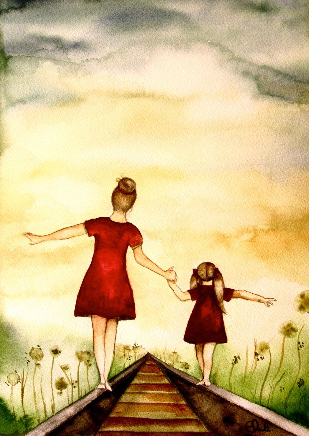 Mother and blonde daughter our walk art print. Art print gifts