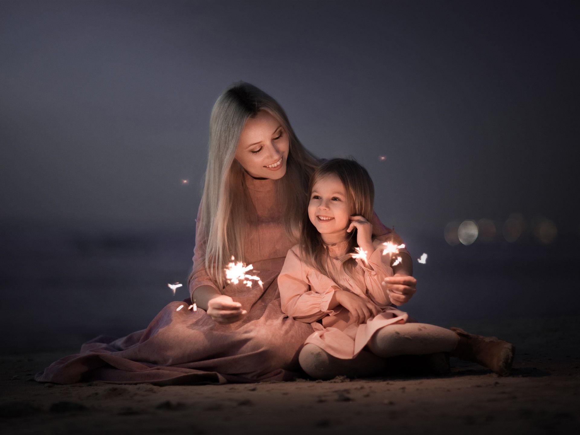 Wallpaper Mother and daughter, happy family, sparks, fireworks 2880x1800 HD Picture, Image