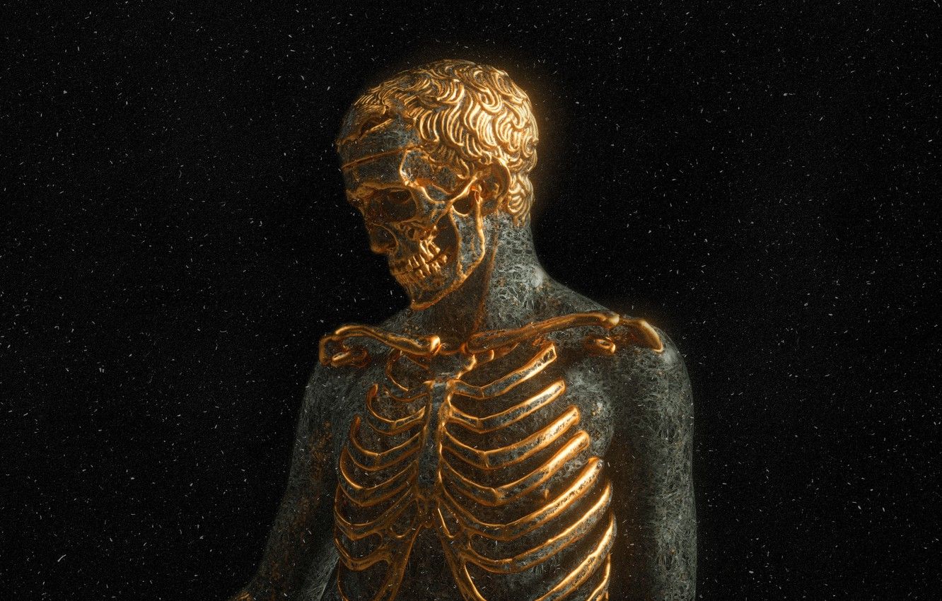 Wallpaper darkness, skull, teeth, bones, skeleton, gold, gold