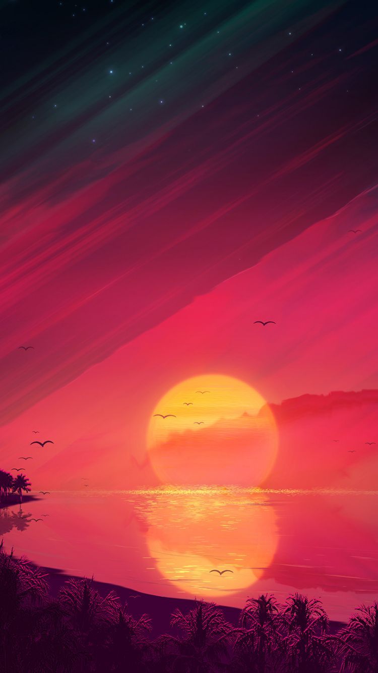 Sunset, lake, landscape, digital art wallpaper. Art
