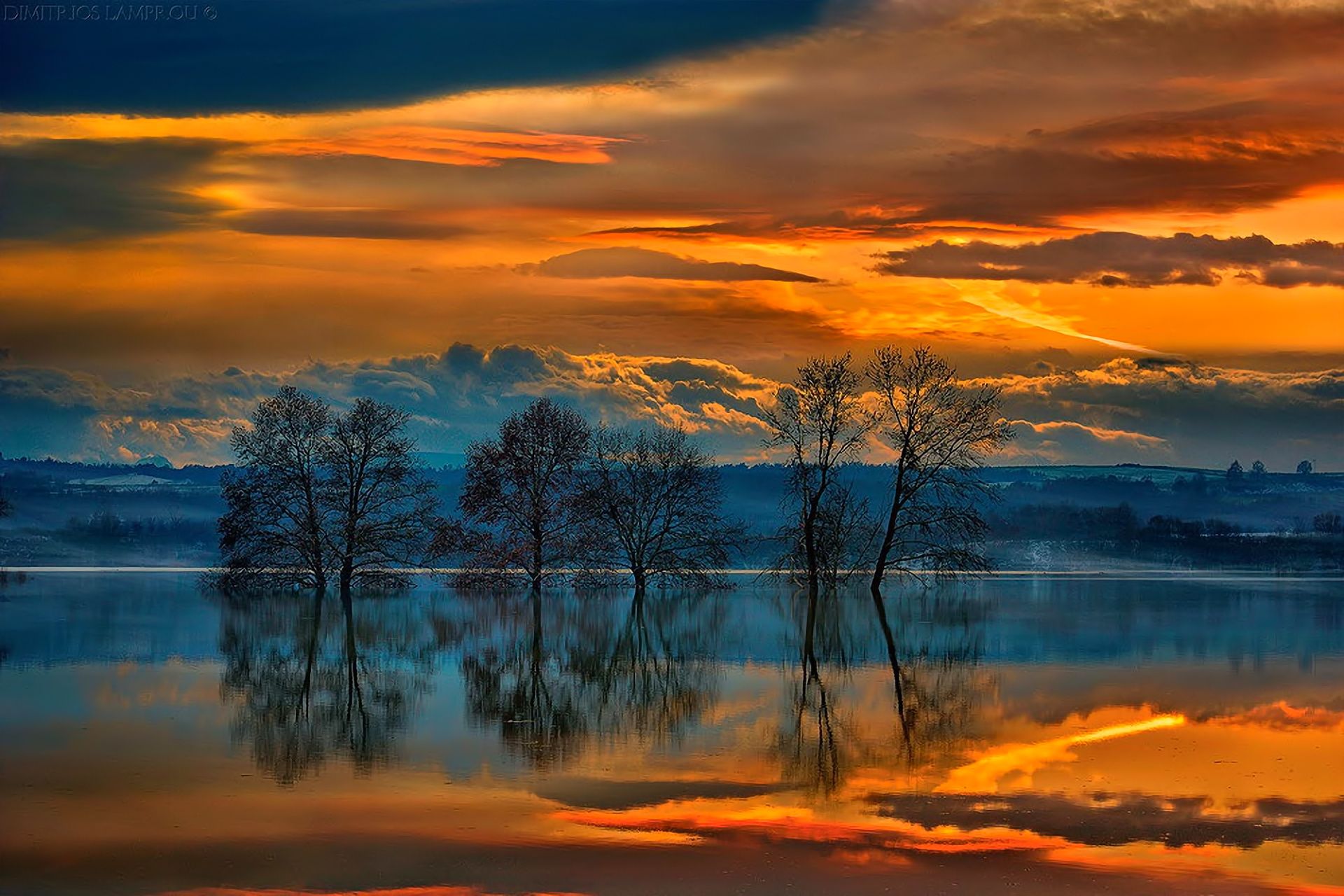 Landscape sunset sky clouds lake trees reflection Greece wallpaper