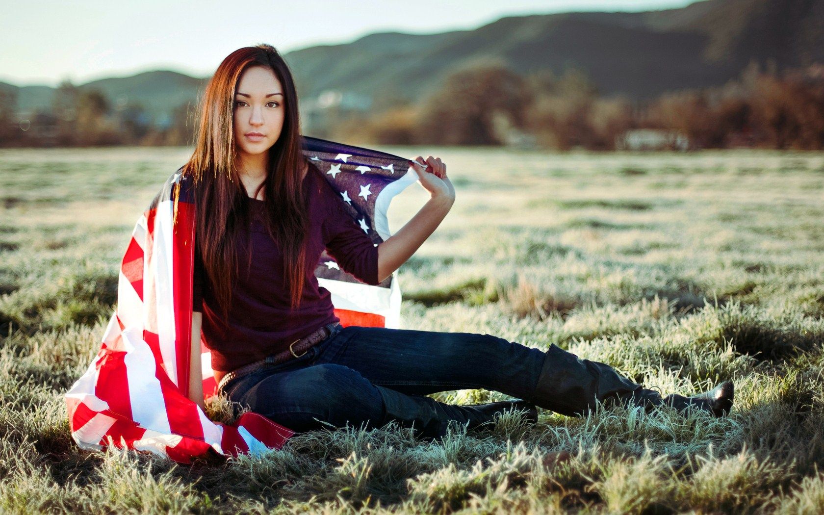 Beautiful Girl US Flag Wallpaper 42870 1680x1050px
