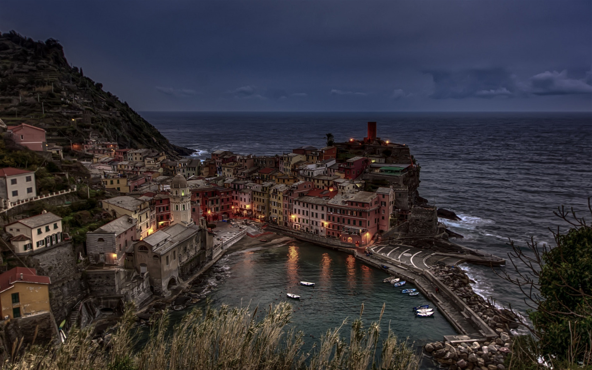 Download wallpaper Vernazza, Cinque Terre, night, Mediterranean