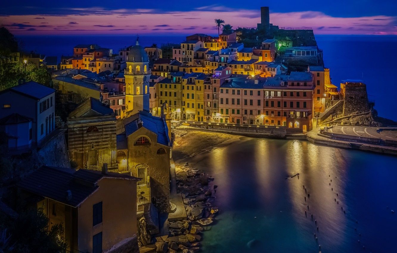 Wallpaper Italy, Liguria, home, Vernazza, night city, Cinque Terre