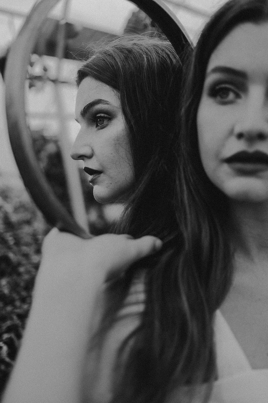HD wallpaper: grayscale photography of woman reflected on mirror