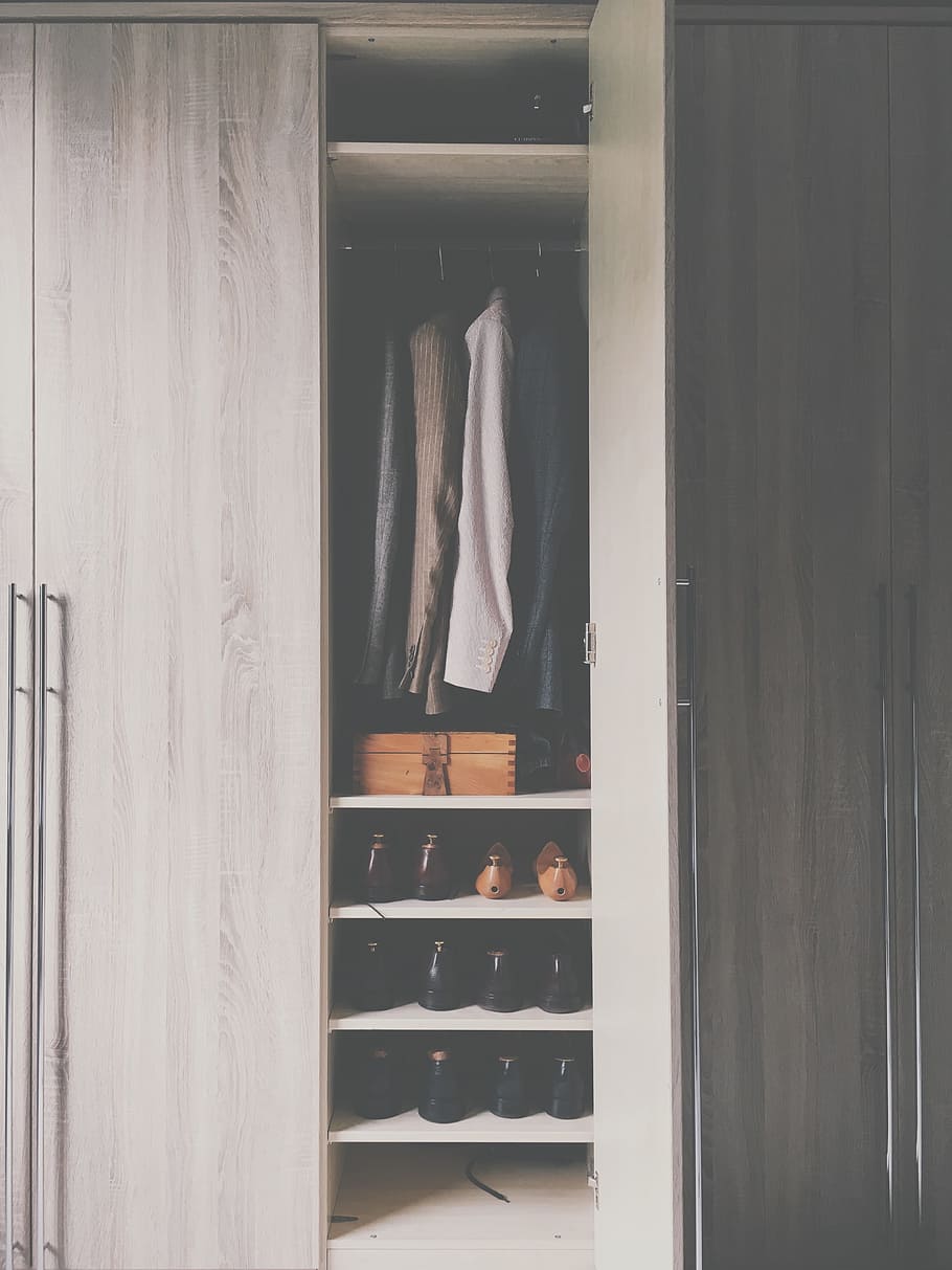 HD wallpaper: grey wooden cabinet, wardrobe, closet, door, open