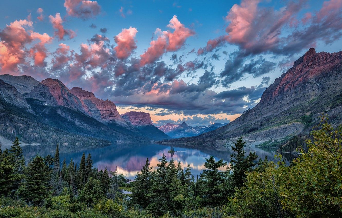 Wallpaper mountains, lake, island, Montana, USA, Saint Mary Lake