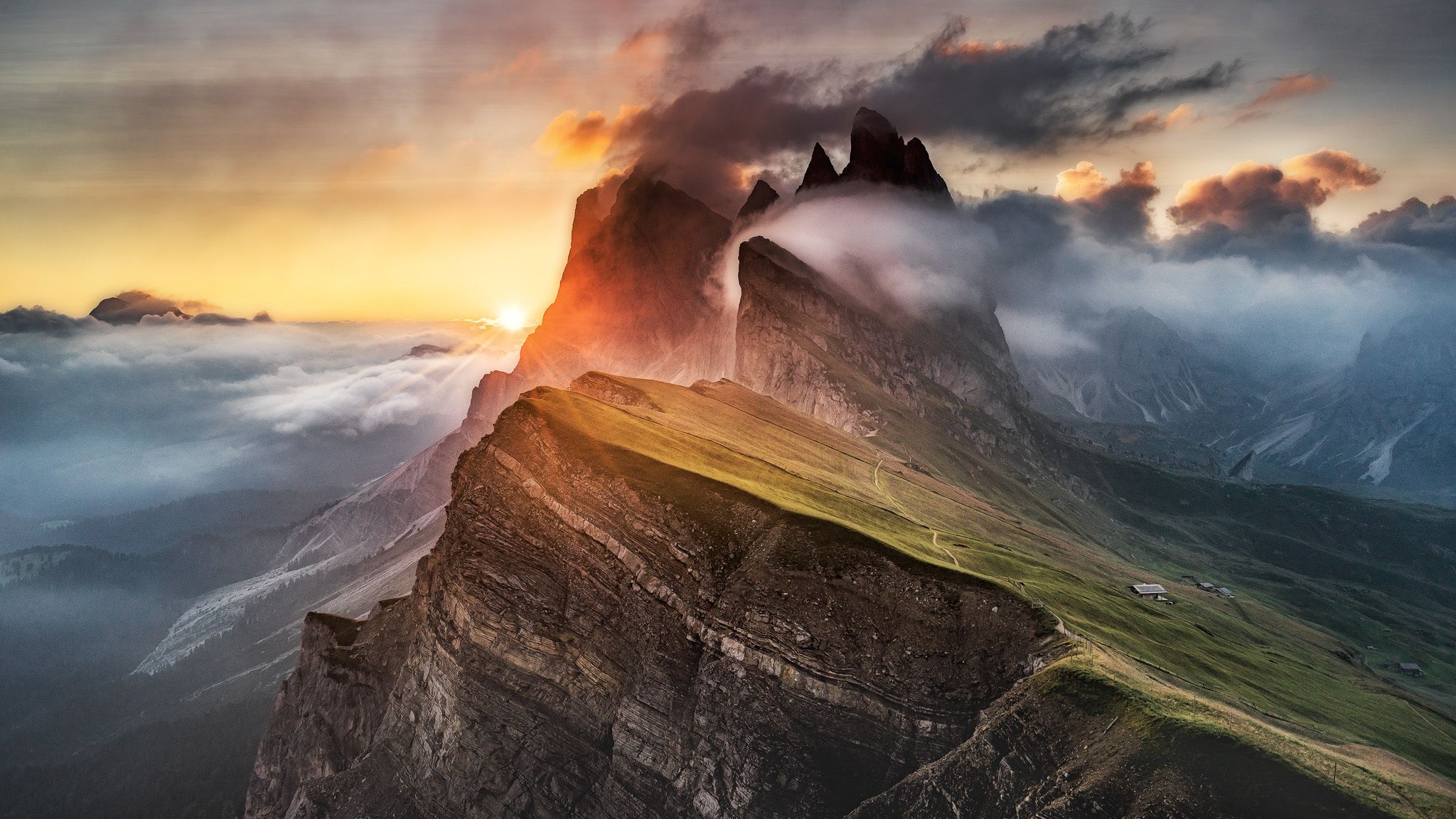 Wallpaper Seceda, Italia, Dolomites, Alps, Mountains, Clouds, Fog