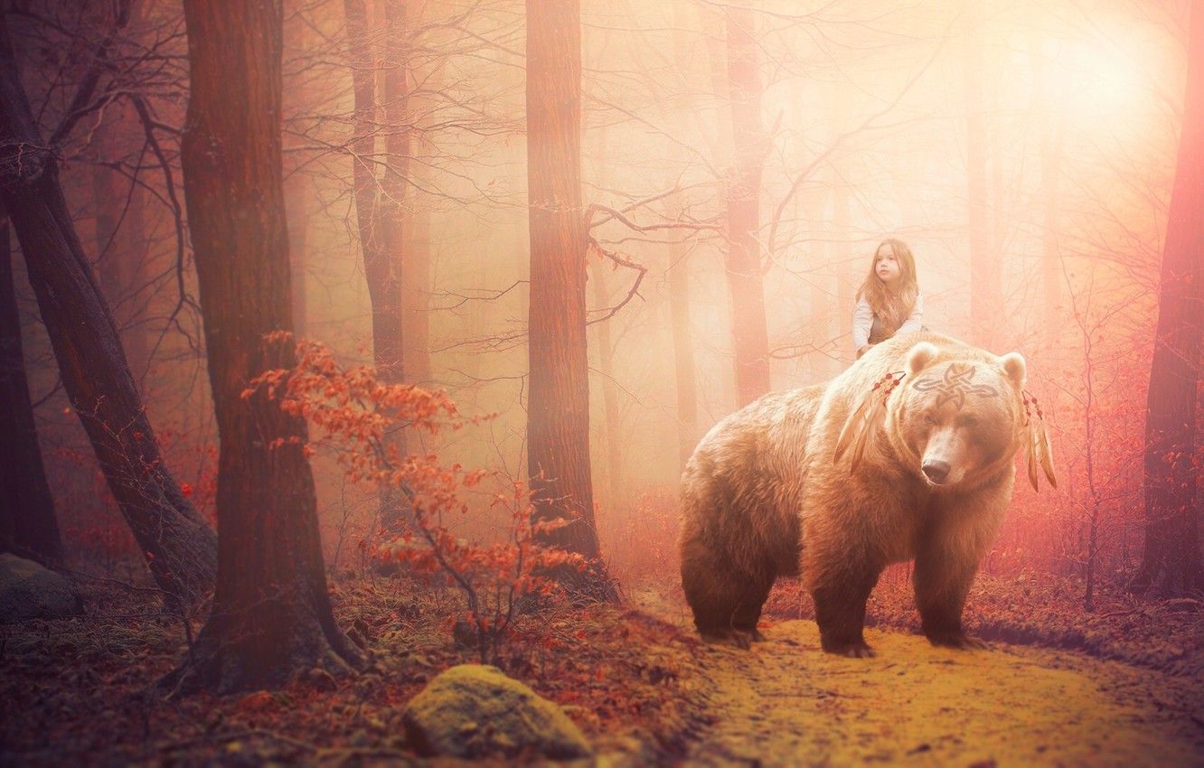 Wallpaper forest, fantasy, the situation, girl. bear image