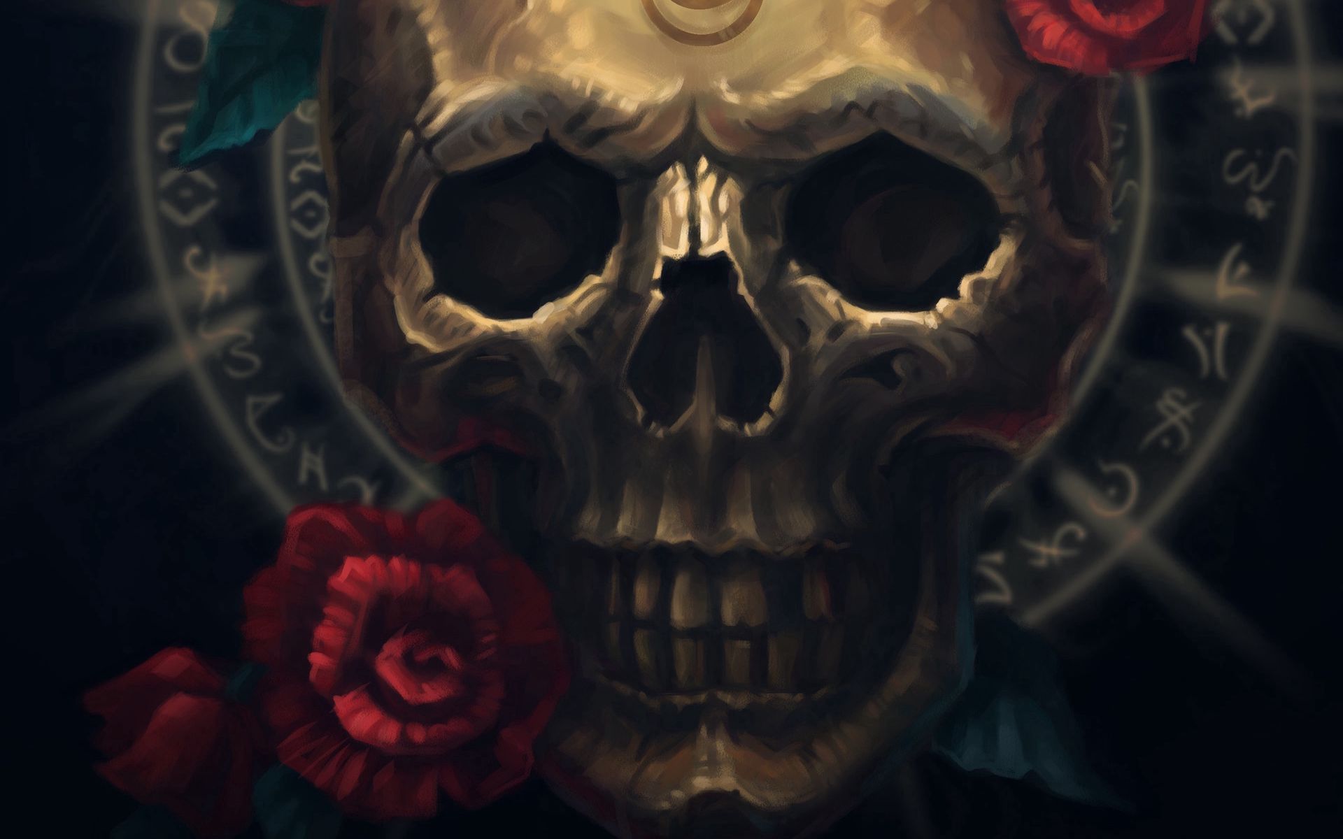 Download wallpaper 1920x1200 skull, flowers, symbols, art